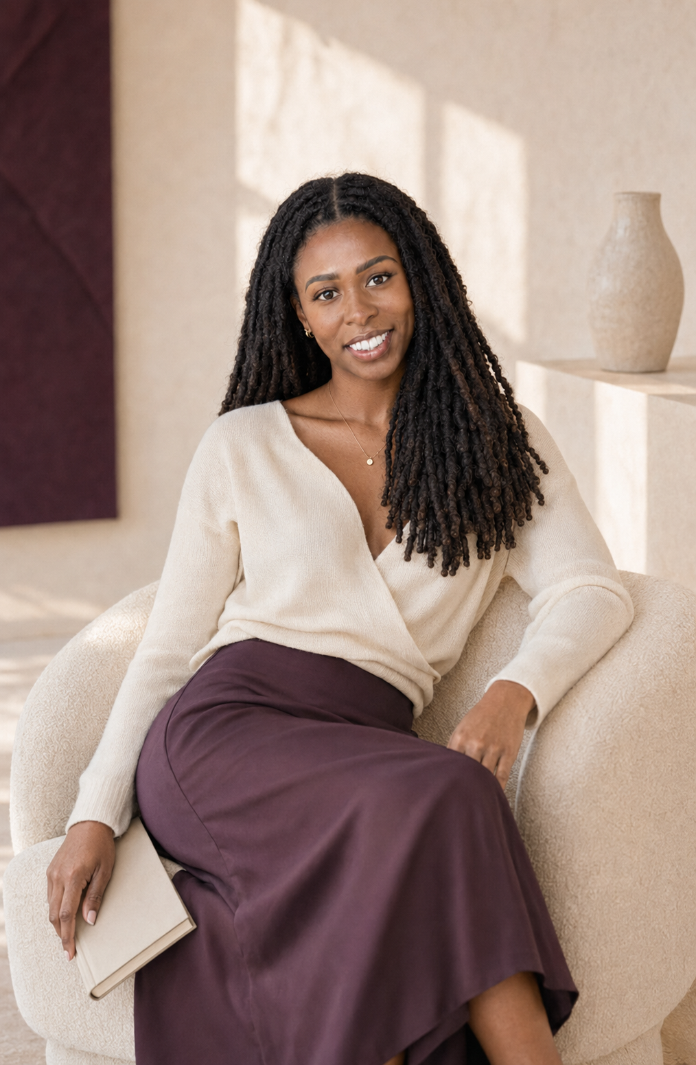 Founder of Me Squared, seated with a journal